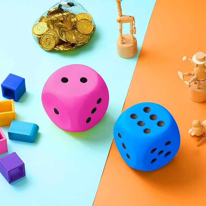 Zomiboo 2 Pcs Large Foam Dice Stress Balls Soft Jumbo 6 Sided Giant Dice Educational Learning Squeeze Anxiety Relieve Toy Gifts for Adults Kids Board Game Classroom(Pink, Blue,3.93 Inch)