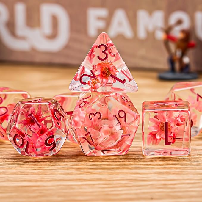 Flower Resin D&D Dice Set, 7pcs Polyhedral Dice for Dungeons and Dragons, RPG, MTG, Role Playing Games (D4, D6, D8, D10, D12, D20, D%)