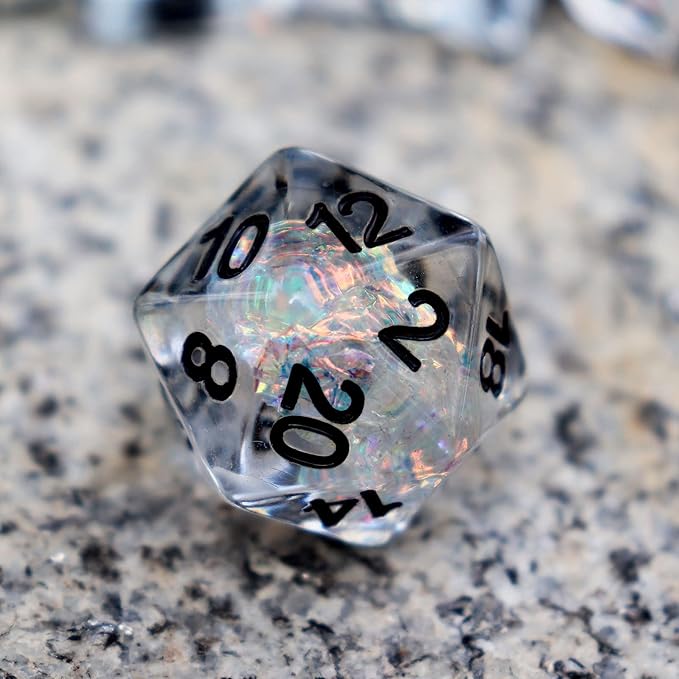 Haxtec Clear DND Dice Set 7PCS Filled Resin Polyhedral D&D Dice W/Iridescent Rainbow Mylar Inclusion for Roleplaying Games Dungeons and Dragons Gift