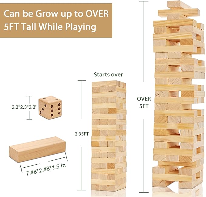 ApudArmis Giant Tumble Tower Stack to Over 5Ft, 56 PCS Pine Wooden Stacking Timber Game with 1 Dice Set - Classic Block Giant Outdoor Game (7.48 * 2.48 * 1.5In Each Block)