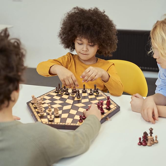 Husaria Wooden Three-Player Chess Game Set - 21 Inches - with Foldable Board, Handcrafted Playing Pieces, and Felt-Lined Storage