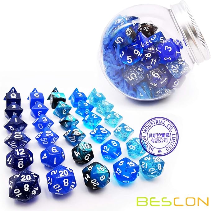 Bescon RPG Dice Set 35pcs Ocean Blue Set, DND Role Playing Game Dice 5X7pcs