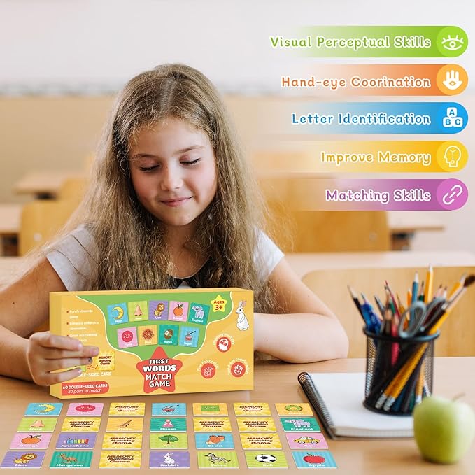 First Words Flashcards-Memory Game, Memory Games for Kids Ages 4-8 & Matching Games for Toddlers 3-5, 60 PCS Phonics Games Flash Cards, Memory Card Game Speech Therapy Materials for Boys & Girls
