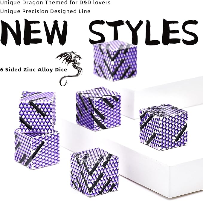Metal Dice Set D&D, HNCCESG 6 Piece Dice Heavy Metal Dragon Scale Design DND Dice Set for Dungeons and Dragon,Tabletop RPG Game(Ls-Purple)