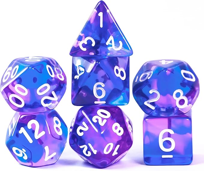 7-Die DND Dice Set Polyhedral Dice Set with a Leather Dice Bag, D&D Dice Set for Dungeons and Dragons, RPG, MTG Table Games (T/Purple Blue)