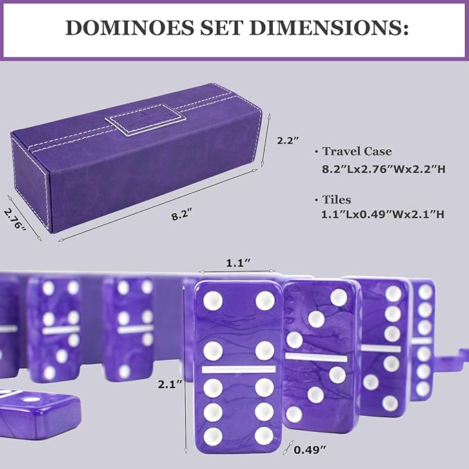 Dominos Set for Adults – Double 6 Dominos - Dominoes Set for Kids and Adults - 28 Marbleized Purple Jumbo Domino, Classic Board Game for Family Nights & Travel (Purple Case)