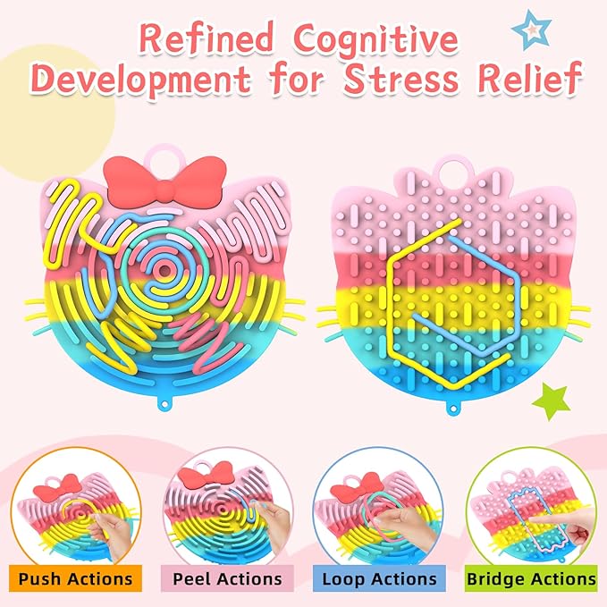 Silicone Sensory Activity Board,Double-Sided Busy Board for Fine Motor Skill,Fidget Toy for Calming, Stress, Anxiety, ADHD , Autism , Silent, No Mess , Kids 3+ & Adults(Cat,Colorful)