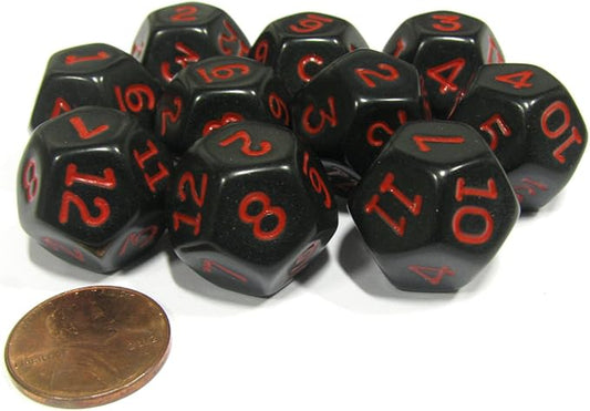 Koplow Games Set of 10 D12 12-Sided 18mm Opaque RPG Dice - Black with Red Numbers