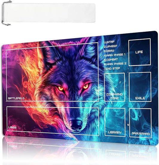 MTG Playmat Size 23.6x13.8in with Storage Bags Portable Playmat TCG and Board Game Mat for Cards Rubber Base Slip-Resistant Mousepad Desk Mat (Cool Wolf,with Zone)