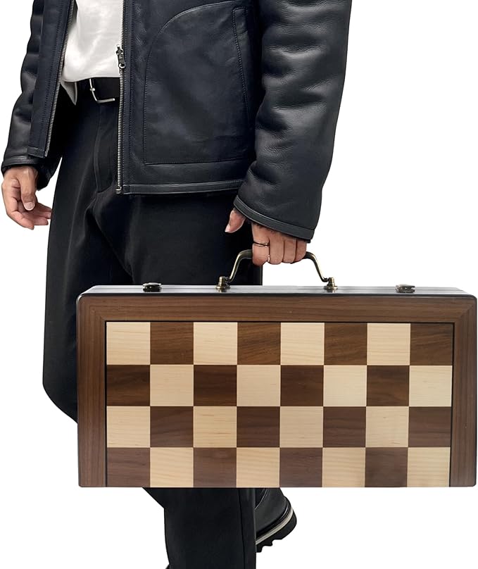 18.5 Inch Wooden Chess Set with Handle,Chess Sets for Adults Kids Portable Folding Board Games with 4.5" King and 2 Extra Queens Handmade Large Pieces with Storage Slots