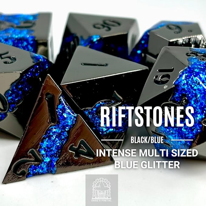 Sage's Portal Metal Riftstone DND Dice 7-PC Polyhedral Dice Set for DND TTRPG Dungeons and Dragons Pathfinder Oversized Designer Dice (Gloss Black/Blue)