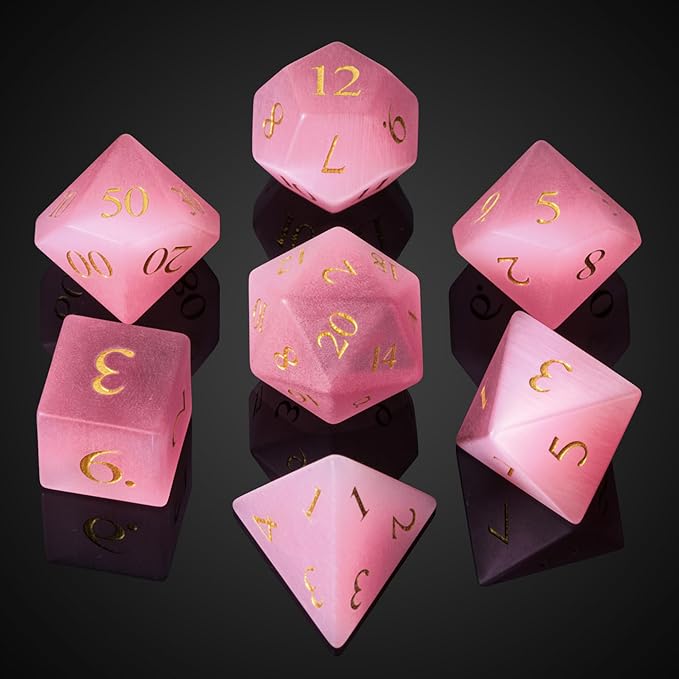 UDIXI Natural Gemstone Dice Set, 7PCS Crystal DND Dice for Dungeons and Dragons, Handmade Stone Dice for Table Games(Pink Cat's Eye)
