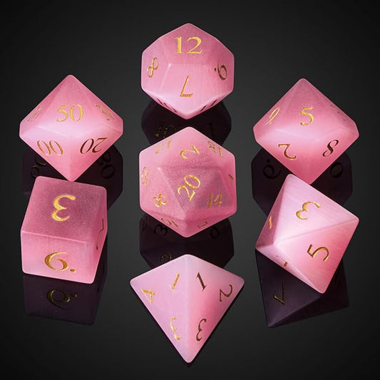 UDIXI Natural Gemstone Dice Set, 7PCS Crystal DND Dice for Dungeons and Dragons, Handmade Stone Dice for Table Games(Pink Cat's Eye)