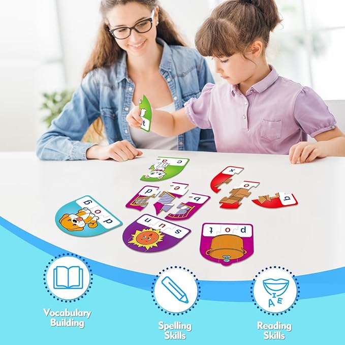 CVC Puzzle Cards for Kids - CVC Word & Phonics Games, Speech Therapy Toys for Toddlers - 3 Alphabet Letter Word Puzzles, Learning Spelling Games - Preschool Kindergarten Classroom Must Haves