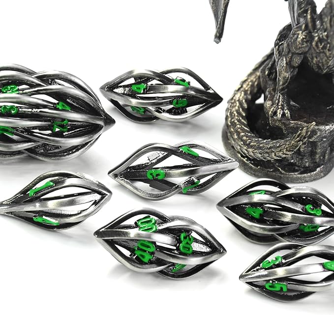 DND Dice Set for Dungeons and Dragons, Metal D&D Dice 7PS/Set, ZHOORQI Polyhedral Dices Set for Role Playing Game Gifts(Arcanum-Green)