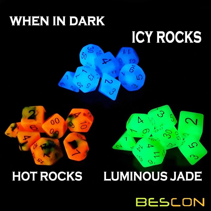 Bescon Glowing Polyhedral RPG Dice Set Luminous Jade, Bescon Glow in Dark Poly Dice Set of 7, DND Role Playing Game Dice
