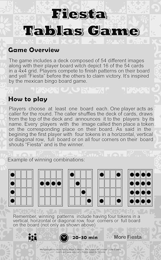Loteria Fiesta Mexican Bingo Game Set in Spanish for 20 Players - 20 Playing Boards and Full Deck of Calling Cards