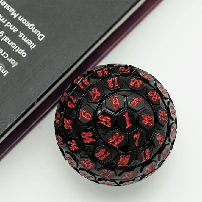 100 Sided Polyhedral Dice, Single D100 Game Dice, 100 Sided Cube with Black Pouch, D100 die 48 mm (Black with Red Number)