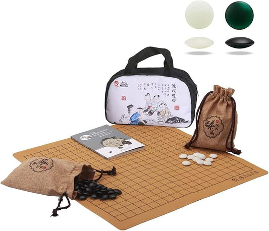 Portable Glazed JIZI Go Game Set Reversible 19x19 / 13x13 Faux Leather Foldable Game Board with Double Convex Jizi Stone 361pcs and Storage Bag, 2 Players Board Game