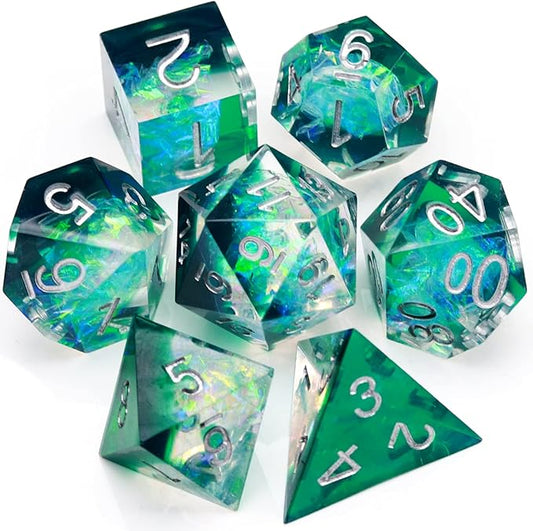 Haxtec DND Dice Set Sharp Edge Resin Dice Iridecent Inclusion with Dice Case Green D&D Dice for RPG Role Playing Games Dungeons and Dragons Gift Galaxy Series