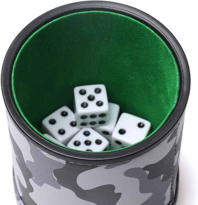 PU Leather Dice Cup Set, Felt Lined Camouflage Dice Shaker with 6 Dice for Liars Farkle Yahtzee Game