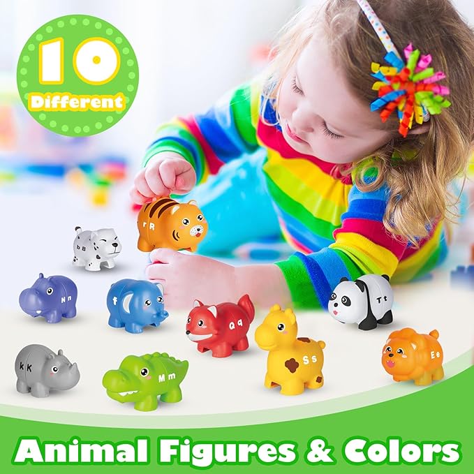 Learning Toys for 2 3 4 Year Old, 52 Pcs ABC Animal Alphabet Match Game with Uppercase Lowercase, 10 Different Animal Figures, Preschool Activities Montessori Fine Motor Toys for Toddlers Kids