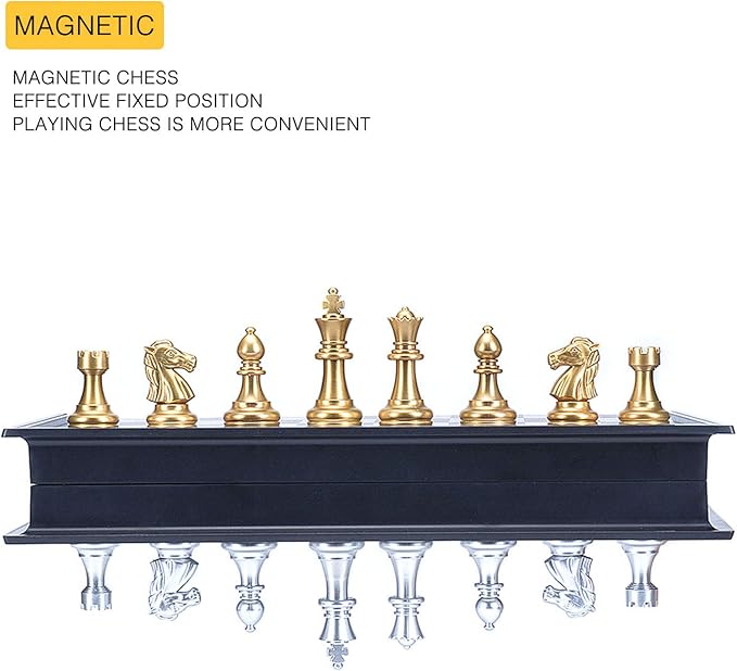 AMEROUS 10'' Magetic Travel Chess Set, Plastic Portable Folding Chess Board Game with Gold and Silver Chess Pieces - 2 Extra Queens - Chess for Beginner, Kids, Adults