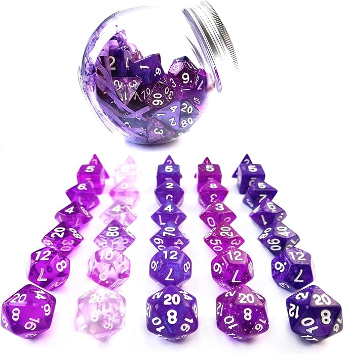 Bescon 35pcs Polyhedral RPG Dice Amethysts Set, DND Role Playing Game Dice Purple Sets 5X7pcs