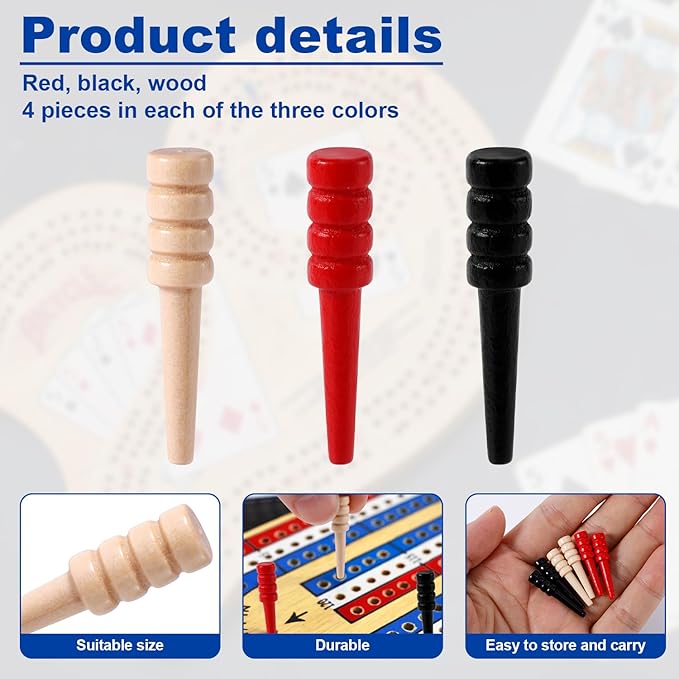 12pcs Cribbage Pegs, Wooden Cribbage Board Pegs Fit 1/8 Inch Holes Crib Pins Cribbage Accessories for Traditional Cribbage Board Game (Red, Black, Wood)