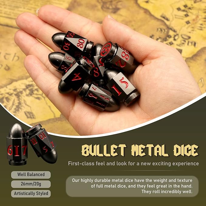 Bullet Dice Set, DND Dice Metal Revolver，ZHOORQI D6 Gun Dice D&D Gifts for Dungeons and Dragons, RPGs(7-Red Number)