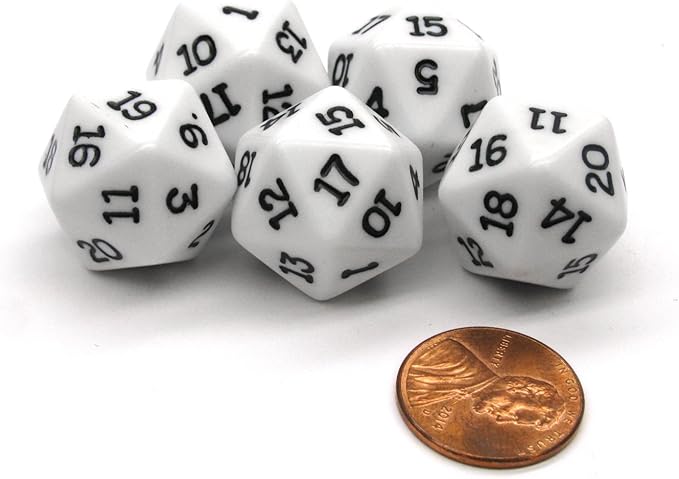 Koplow Games Set of 5 Twenty Sided 19mm D20 Opaque Dice RPG D&D White with Black Numbers Die
