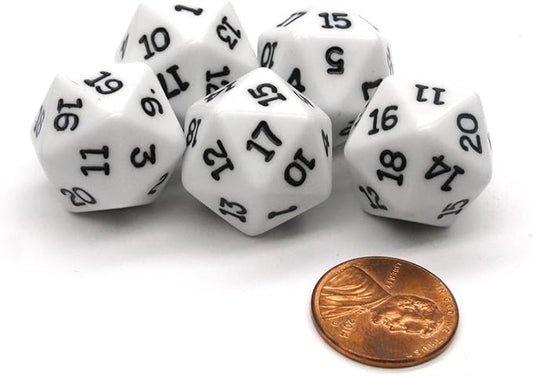 Koplow Games Set of 5 Twenty Sided 19mm D20 Opaque Dice RPG D&D White with Black Numbers Die