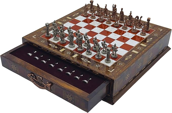 12.6’’ Handmade Walnut Chess Set with Zamak Metal Pieces, Wooden Chess Set with Storage, Birthday Gift for Him, Handmade Chess Gift, for Him (Rome Figure Pieces)