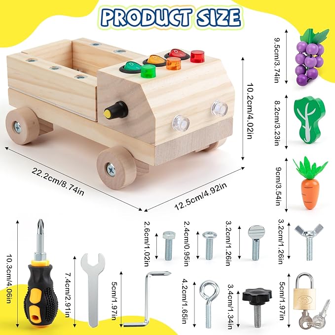 Busy Board with LED Light Montessori Toys Cars Screwdriver Board Set for Toddlers Ages 3 4 5 6 Wooden Busy Trucks Kids Tool Set Sensory Learning Toy STEM Fine Motor Skills Toys for Boys Girls Gift