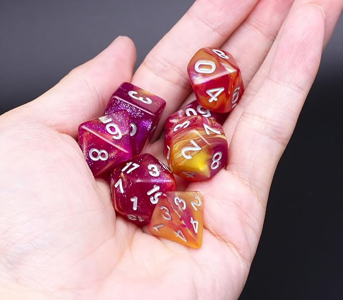 DND Dice Set with Dragon Totem Metal Gife Case, Dungeons and Dragons Dice Set,Polyhedral Dice Set Filled with Shiny Glitters,Role Playing Games and Tabletop Games (Pink&Yellow)