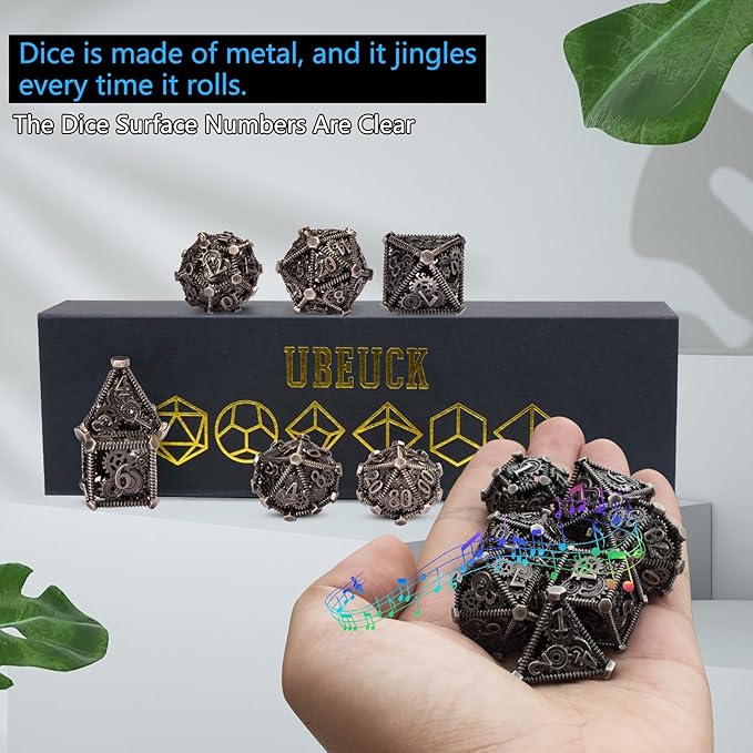DND Metal Dice Set, UBEUCK 7PCS Gear Metal DND Dice Set for Dungeons & Dragons Board Games Boxes(Ancient Nickel Gear)