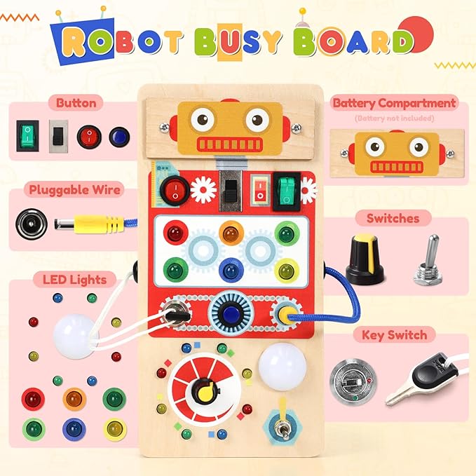 Upltowtme Montessori Busy Board for Toddlers LED Wooden Sensory Toy with 8 Switch Light Early Activity Motor Skills Educational Toy for 3+ Year Old Boys Girls Orange Robot Chirstmas Gift for Kid
