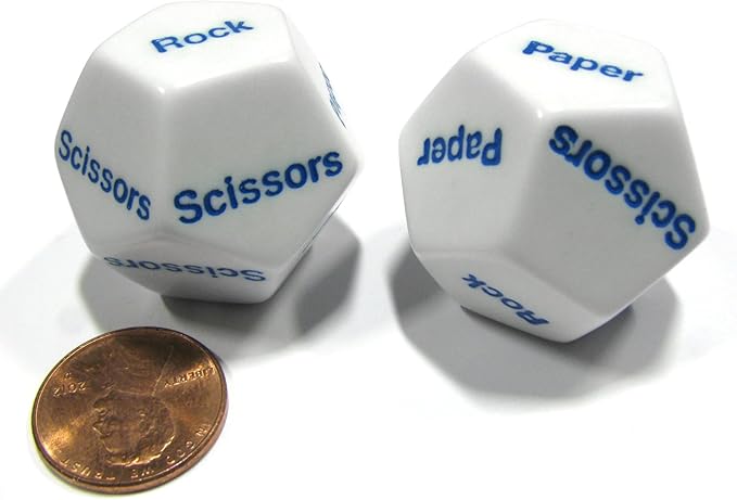 Koplow Games Set of 2 D12 12-Sided Rock, Paper, Scissors Game Dice - White with Blue Letters