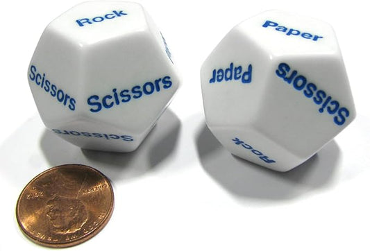 Koplow Games Set of 2 D12 12-Sided Rock, Paper, Scissors Game Dice - White with Blue Letters