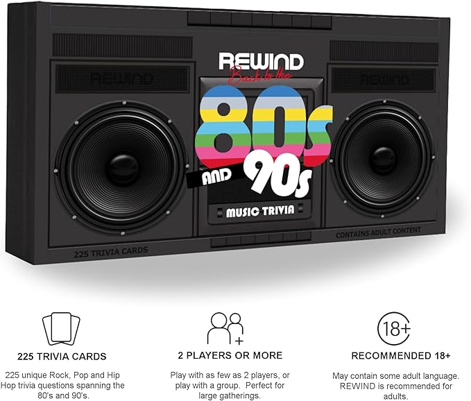 Mojo Games, Rewind, Back to The 80's and 90's Music Trivia - Nostalgic Pop Culture, Rock, Pop and Hip Hop Card Game for Family and Friends Game Night (Music Trivia)