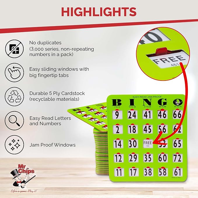 MR CHIPS Jam-Proof Bingo Cards with Sliding Windows, 25 Reusable Shutter Cards, 75 Calling Cards 1 Master Board in Green Style
