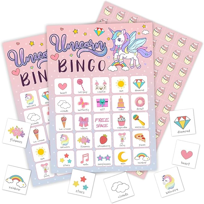 Ziyouza Rainbow Unicorn Bingo Game Cards, 24 Players Games for Unicorn Theme Birthday Party Outdoor Family Party Trip Activity