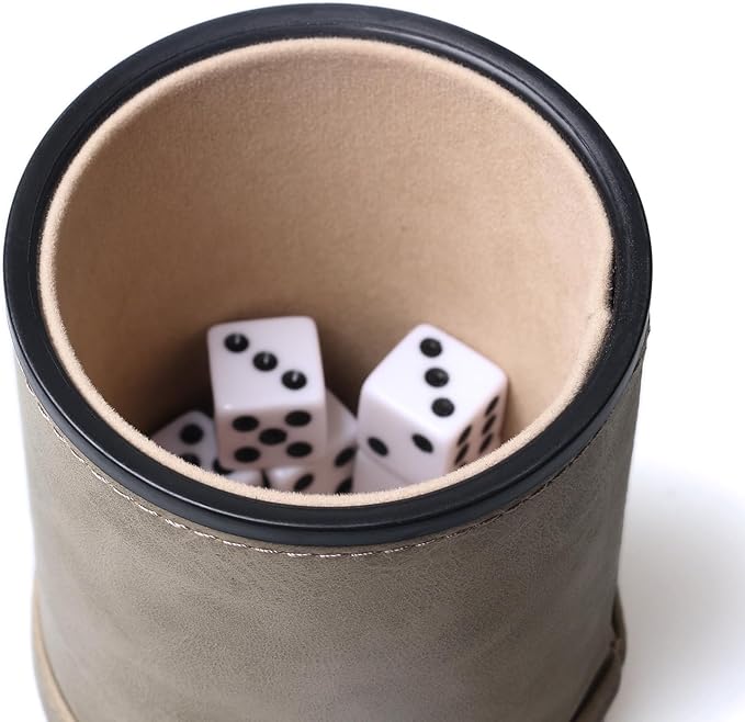 Brown Suede Faux Leather Dice Cup Set, Felt Lined PU Leather Dice Shaker with 6 Dice for Liars Farkle Yahtzee Game