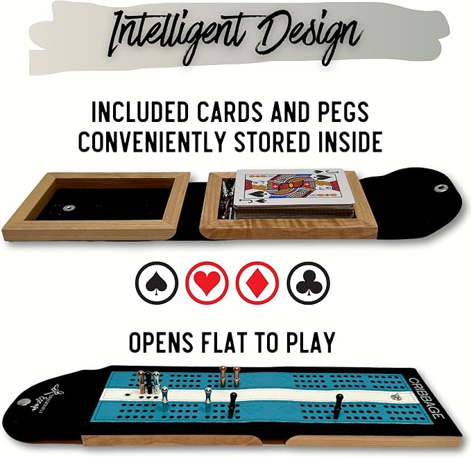 Folding Travel Cribbage Game | Unique Lightweight Cribbage Board | Travel Cribbage Board | Portable Travel-Size Cribbage Set (Teal & White)