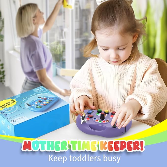 Busy Board with LED Light, Toddler Montessori Toys for 1+ Year Old, Baby Sensory Board for Toddlers Travel Toys, Preschool Graduation Gift for Kids Boy Girl Easter Gifts (Purple)