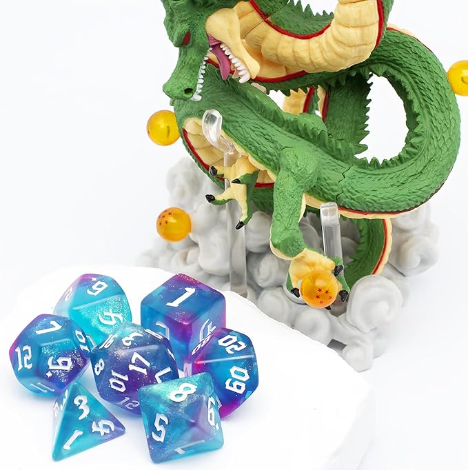 DND Dice Set with Dragon Totem Metal Gife Case, Dungeons and Dragons Dice Set,Polyhedral Dice Set Filled with Shiny Glitters,Role Playing Games and Tabletop Games (Green&Pink)