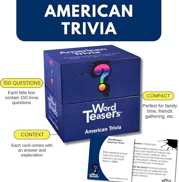 ? WORD TEASERS American Trivia - Trivia Game for Adults & Kids - Interesting & Fun Trivia Questions About The United States - 150 Trivia Cards for Kids, Teens & Adults