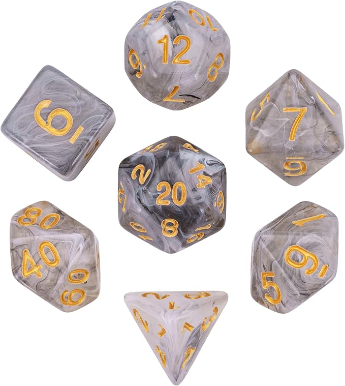 7-Die DND Dice Set Polyhedral Dice Set with a Leather Dice Bag, D&D Dice Set for Dungeons and Dragons, RPG Table Games (Transparent Black Mix White)