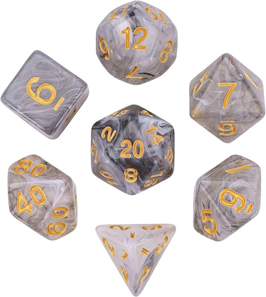 7-Die DND Dice Set Polyhedral Dice Set with a Leather Dice Bag, D&D Dice Set for Dungeons and Dragons, RPG Table Games (Transparent Black Mix White)