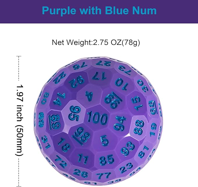 Upgraded D100 Dice, Single 100 Sided Polyhedral Dice D100 Die 50mm, D&D Dice D100 Game Dice, 100 Sided Cube with Metal Storage Tin(Purple/Blue Font)
